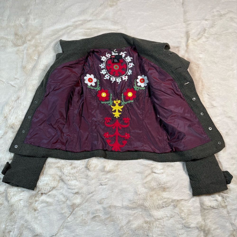 Vintage Y2K DIESEL Wool Pea Coat Jacket Short Cropped Size M Embroidered Floral